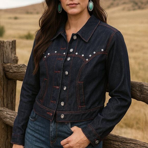 Unique Vintage Dark Denim rhinestone Western Boxy Crop Jacket XL - Picture 1 of 9